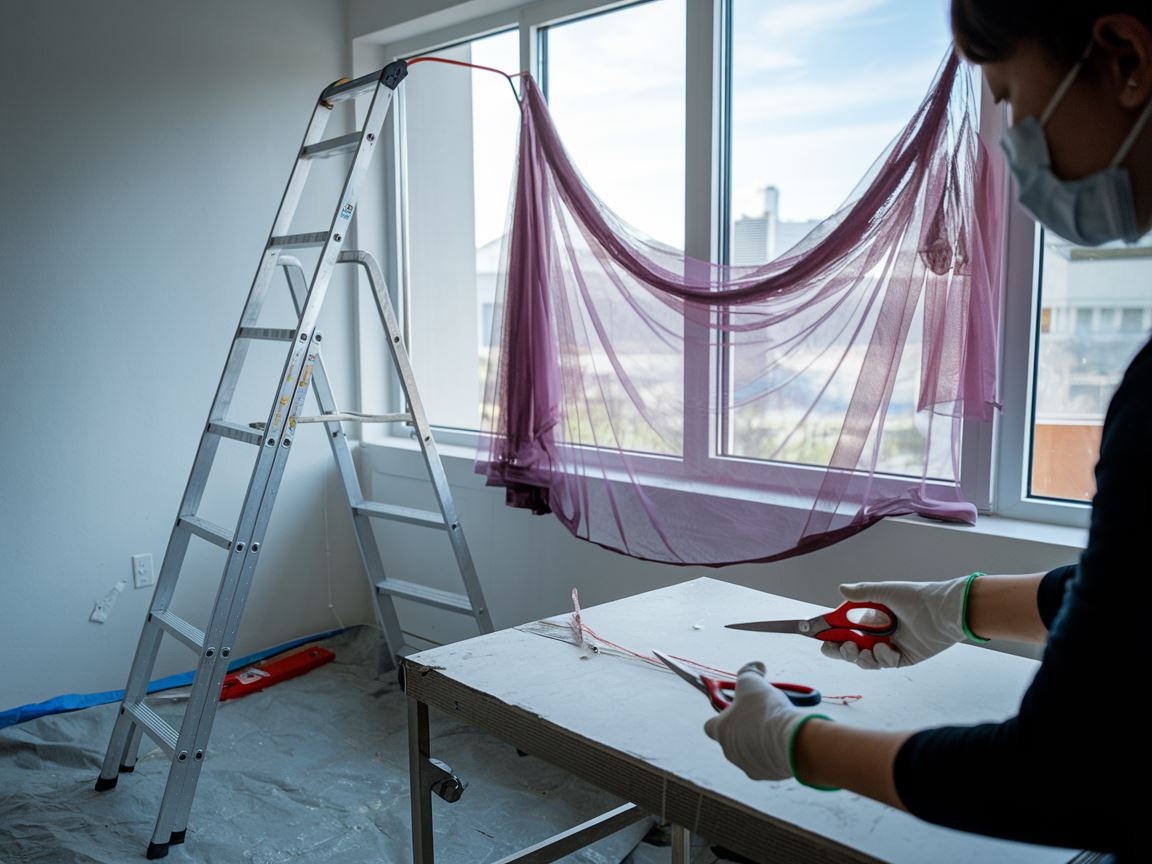 Widok na zamontowaną moskitierę z zewnątrz domu