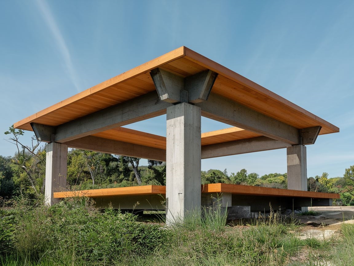 Konstrukcja tarasu na filarach betonowych z widocznymi szczegółami